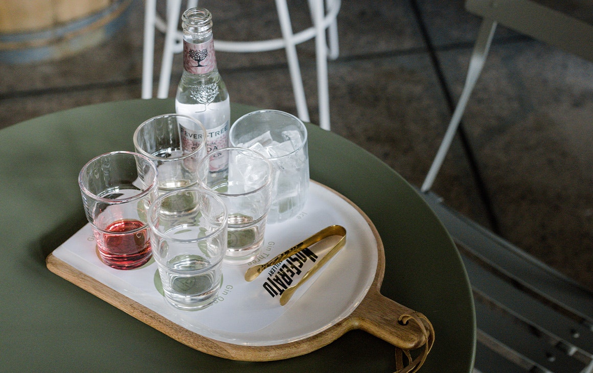 a tasting paddle of gins with tonic